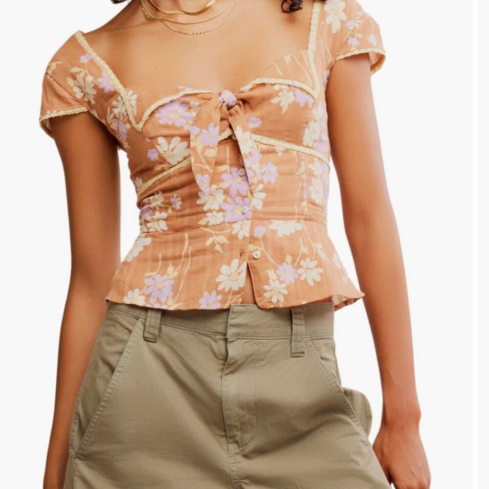 Share Free People Call Me Baby Cap Sleeve Button-Up Shirt in Meerkat Combo Size